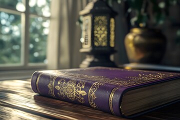 A Regal Purple Tome An Antique Book Rests on a Wooden Table Bathed in Soft Window Light, Beside an Ornate Lantern and Brass Vase.