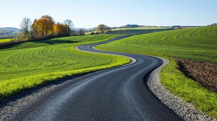 A long, winding road through a countryside landscape with green fields on either side and clear blue sky above.