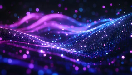 Abstract digital waves with glowing particles in vibrant purple and blue