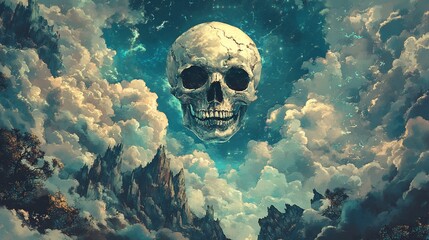 Ethereal Skull in a Celestial Landscape: A Digital Painting of a Giant Skull Floating Amidst Clouds and Mountains, Evoking a Sense of Mystery and Wonder.