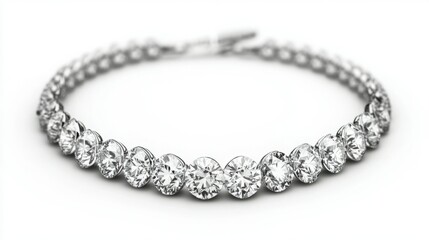 Obraz premium Close-up of a stunning diamond tennis bracelet. The brilliant sparkle of the diamonds is captivating against the white background, showcasing luxury and elegance.
