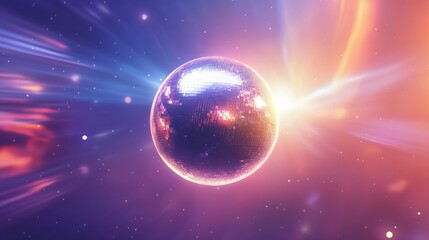 Fototapeta premium Disco ball shining brightly in a vibrant cosmic landscape. Pink, purple, and orange hues create a dreamy, ethereal atmosphere.