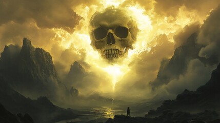 Giant Skull in a Gloomy Mountain Landscape