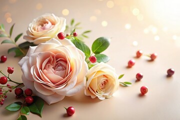 Elegant blush roses and vibrant berries arranged artfully on a soft backdrop