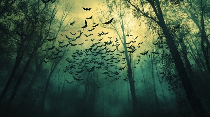 A Swarm of Bats in a Mysterious Forest at Dusk