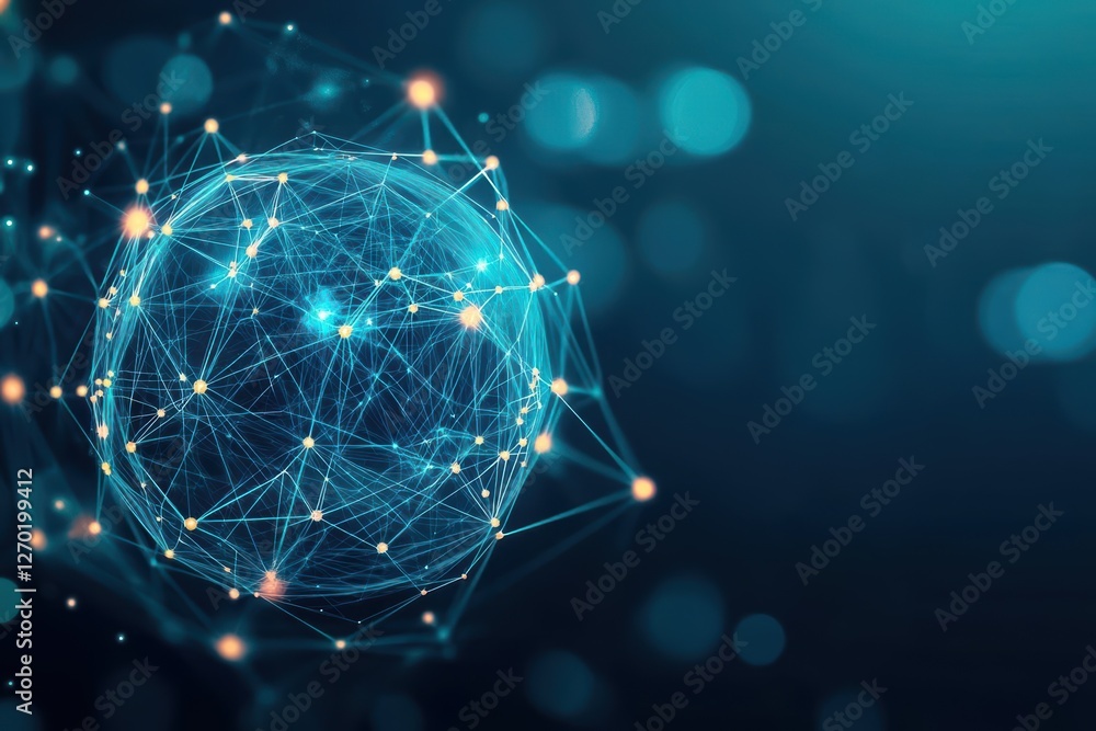 Poster intricate sphere composed of dots connected by lines illustrating a complex network structure evokin