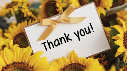 Thank you card surrounded by bright yellow sunflowers blossoms