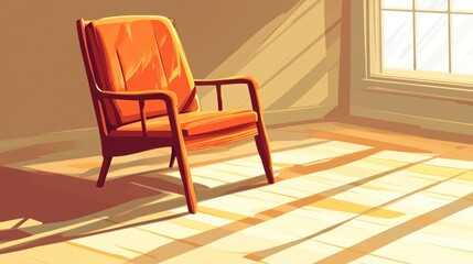 Warm Sunlight on an Orange Armchair in an Empty Room Interior