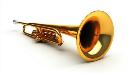 Obraz premium A gleaming golden trumpet rests on a stark white background, ready to fill the air with music. The instrument's polished finish reflects light beautifully.
