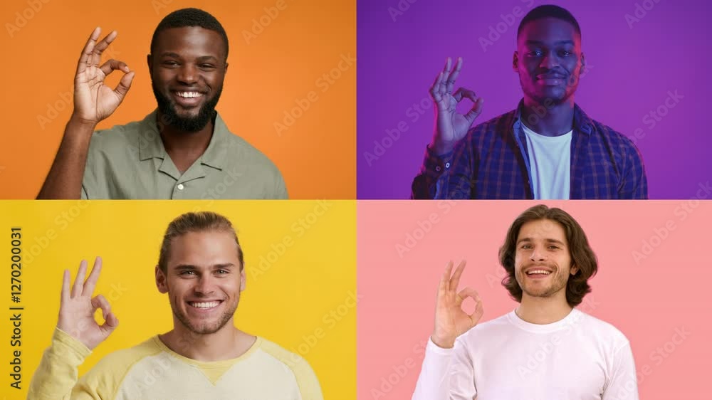 Poster Four men from varied backgrounds display the OK gesture with cheerful expressions. Each is set against a different vibrant background, showcasing unity in diversity.