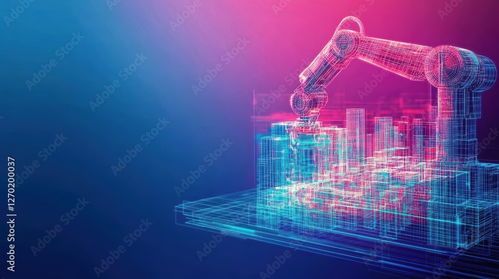 Poster futuristic robot standing on a computer screen surrounded by digital elements and neon lights creati