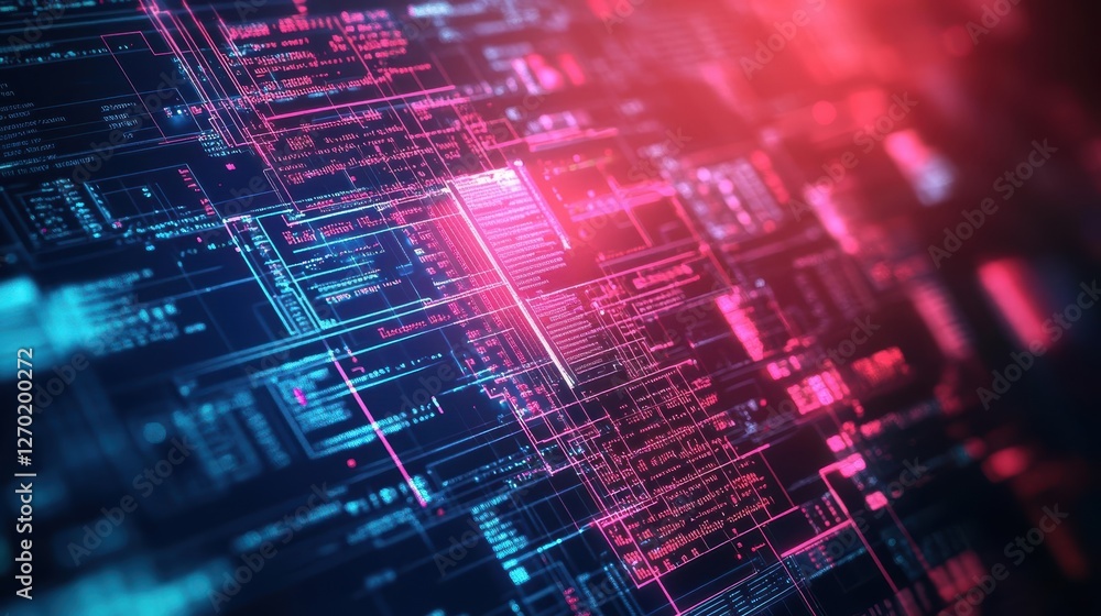 Poster intricate computer circuit design featuring vibrant pink and blue lines creating a modern technologi