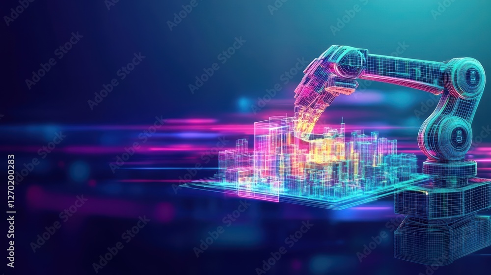Poster futuristic robot engaged in complex task on computer screen in high-tech environment showcasing adva