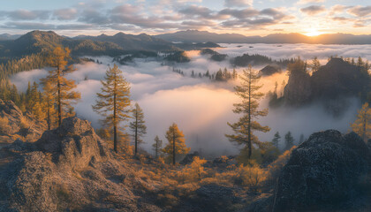 Majestic sunrise over a misty mountain valley, showcasing golden autumnal trees and dramatic rock formations.  A breathtaking landscape photography capturing serenity and natural beauty.
