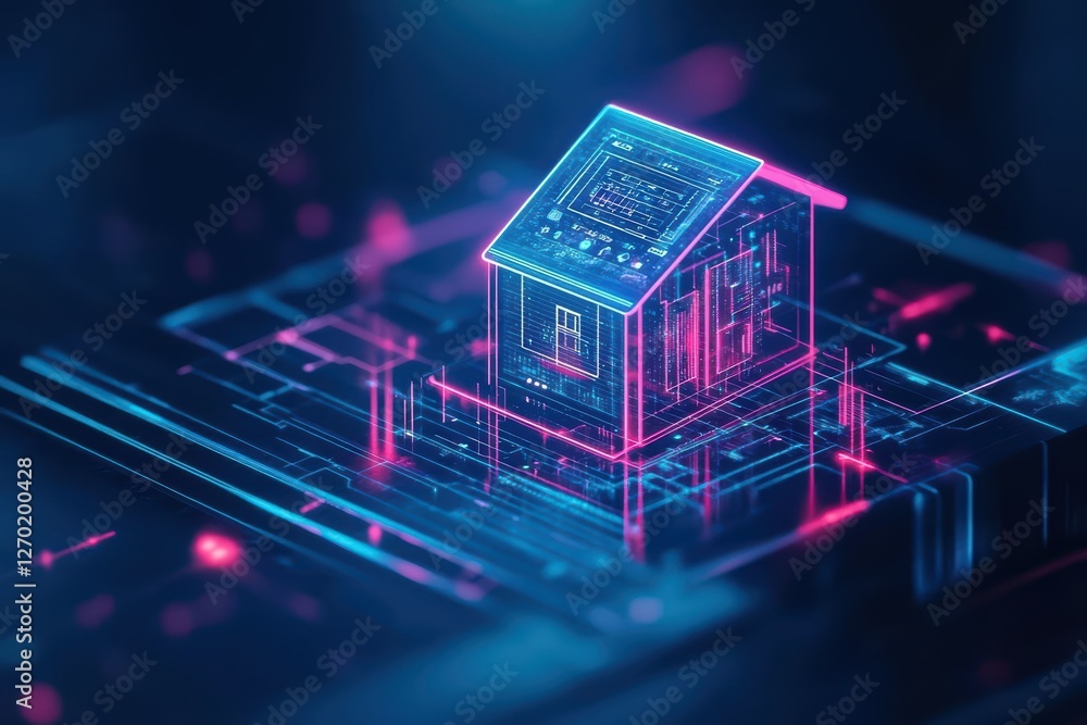 Poster vibrant neon lights illuminating a modern house on a futuristic circuit pathway creating a dynamic a
