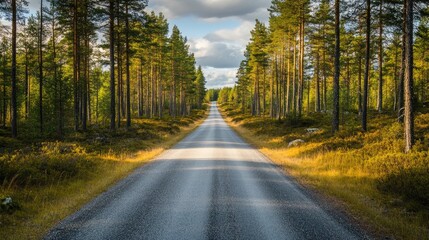 Obraz premium A straight road stretching into the distance, surrounded by tall trees and open grassland under a bright sky.