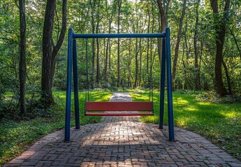 Peaceful Swing in Serene Forest Path Surrounded by Lush Greenery and Tall Trees