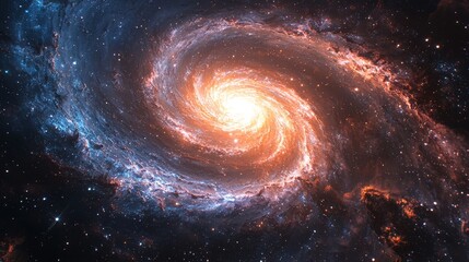 Majestic Spiral Galaxy in Deep Space with Fiery Core and Vibrant Nebulae in Surrounding Starscape