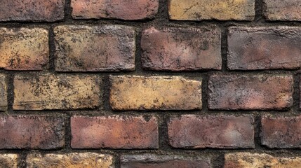 Fototapeta premium A textured and distressed old brick wall with chipped corners and subtle variations in red and brown tones.