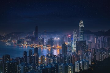 Fototapeta premium Hong Kong Skyline at Night, Starry Sky, Aerial View, Modern Architecture, Urban Landscape, Night Photography, Deep Blues, Illuminated Buildings