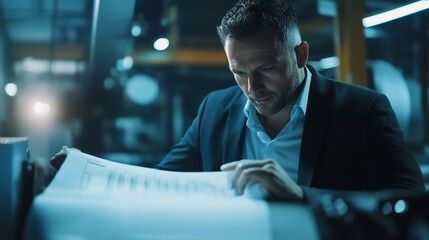 Businessman inspecting automated industrial machinery at a futuristic factory, highlighting precision engineering and technological advancement in manufacturing.