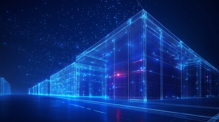 Fototapeta premium Modern wireframe design of a port warehouse with organized geometric shapes, isolated on a dark blue background, symbolizing efficiency and industrial storage.