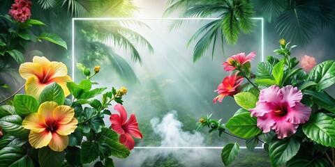 Obraz premium Luminous Frame Enclosing Vibrant Hibiscus Blossoms and Lush Tropical Foliage Against a Misty Jungle Backdrop