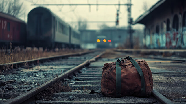 Vintage travel bag on train tracks in foggy station