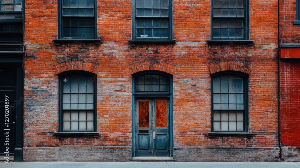 Poster a wide shot of a brick building with a rough texture and empty urban street in front.