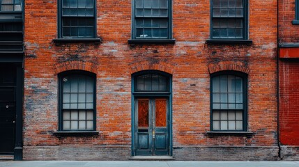 Obraz premium A wide shot of a brick building with a rough texture and empty urban street in front.