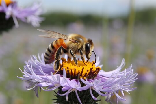 Focused macro shot of honeybee on a lilac aster with bright yellow center, foraging in sunlight with a blurred nature background