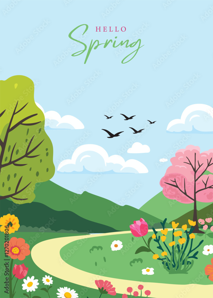 Wall mural spring landscape background with mountain and tree for a4 vertical design