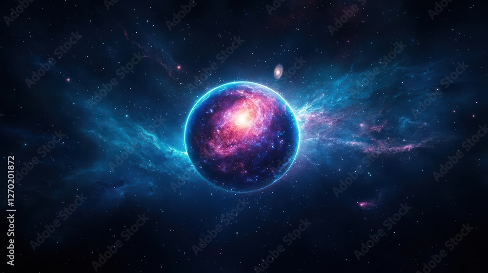 Poster vivid celestial scene featuring a colorful planet surrounded by glimmering stars and ethereal nebula