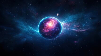 Fototapeta premium Vivid Celestial Scene Featuring a Colorful Planet Surrounded by Glimmering Stars and Ethereal Nebulas Against a Deep Space Background of Wonder