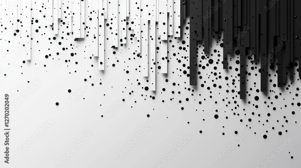 Poster monochromatic cascade of geometric shapes and dots in dynamic balance