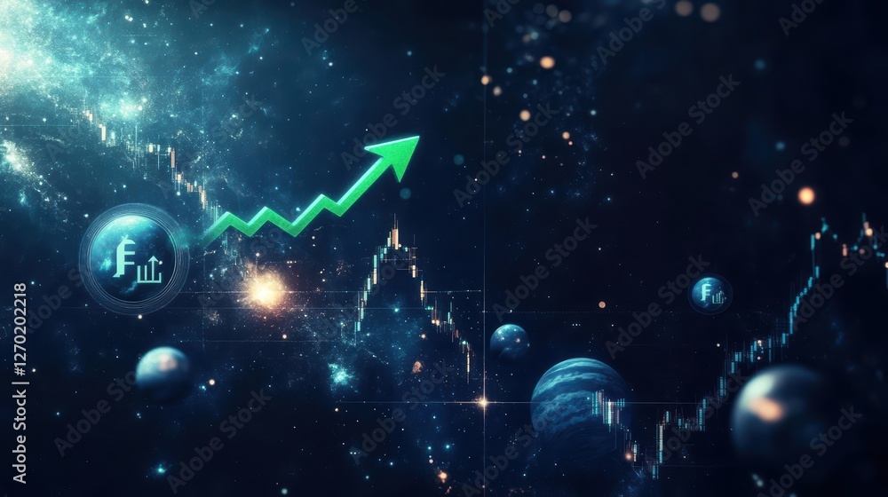 Poster green arrow pointing up towards a rising graph symbolizing growth progress and success in business f