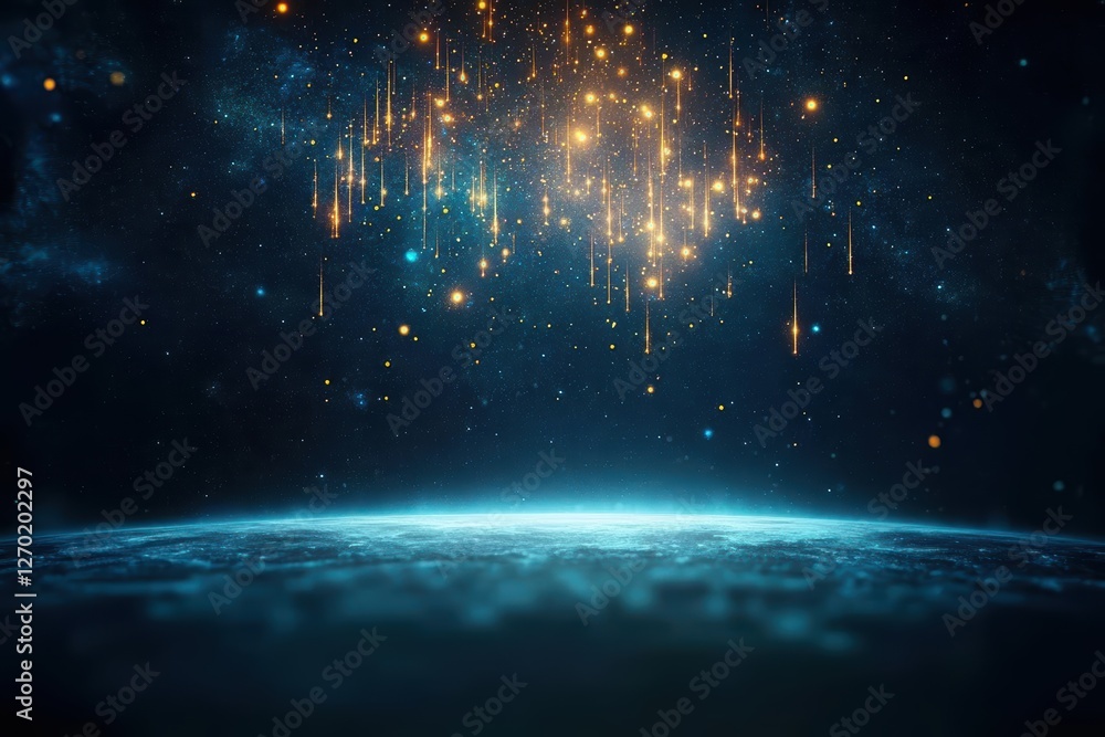 Poster a captivating celestial view of a distant planet illuminated by bright lights surrounded by twinklin