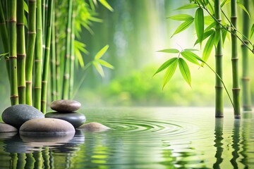 Serene Tranquility Balanced Stones Resting on Still Water Beside Lush Green Bamboo Shoots Reflecting in Calm Waters