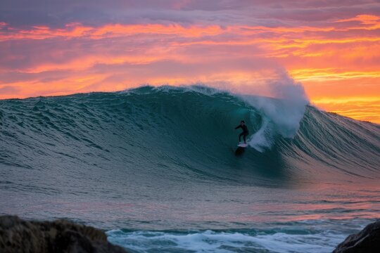 Surfer in wetsuit rides a large wave at sunset with orange and pink sky, creating an exciting, dynamic scene