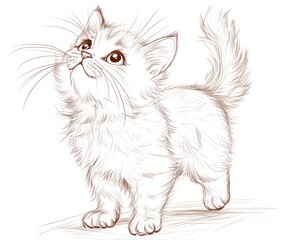 Cute kitten looking up, sketch, white background, pet illustration