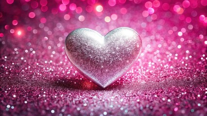 Fototapeta premium Sparkling Silver Heart on Pink Glitter Background, a Festive Symbol of Love and Affection