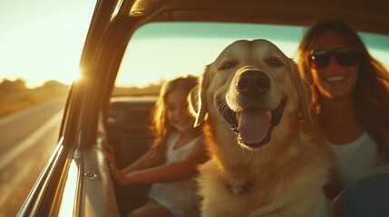 Happy family with their Labrador dog enjoying a weekend road trip. Parents and daughter share smiles in a cozy car, bathed in warm sunlight, ready for an adventure.