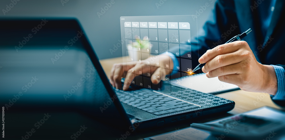 Poster business professional using digital tools to manage a futuristic calendar on interface, highlighting