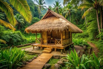 Serene Tropical Bamboo Hut Nestled Amongst Lush Greenery and Palm Trees, Wooden Walkway Leading to Tranquil Retreat