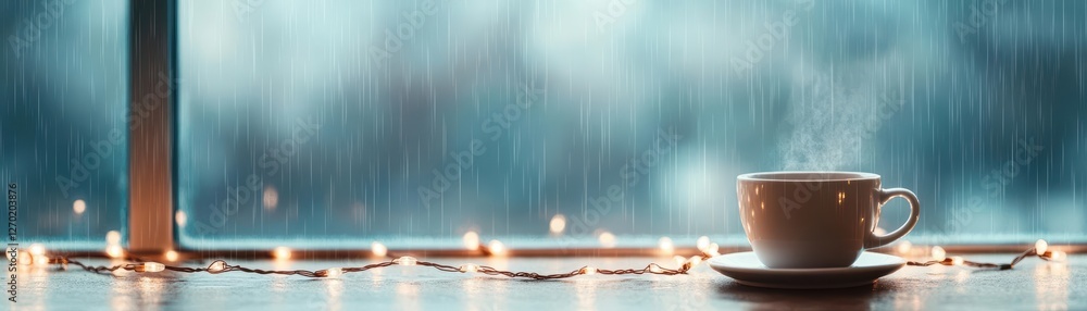 Poster cozy cup of steaming coffee on a rainy day with soft warm light creating a calm and inviting atmosph