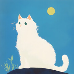 Charming Illustrated White Cat Under Moonlight