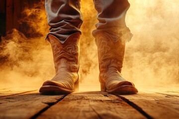 Feet in cowboy boots stand on dusty wooden floor in a western saloon setting