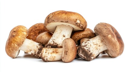 Fresh mushrooms with earthy brown caps, isolated on a white background.