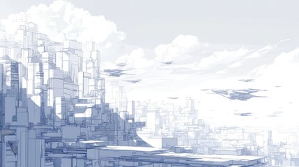 Fototapeta premium Futuristic city sketch, cloudy sky, flying vehicles
