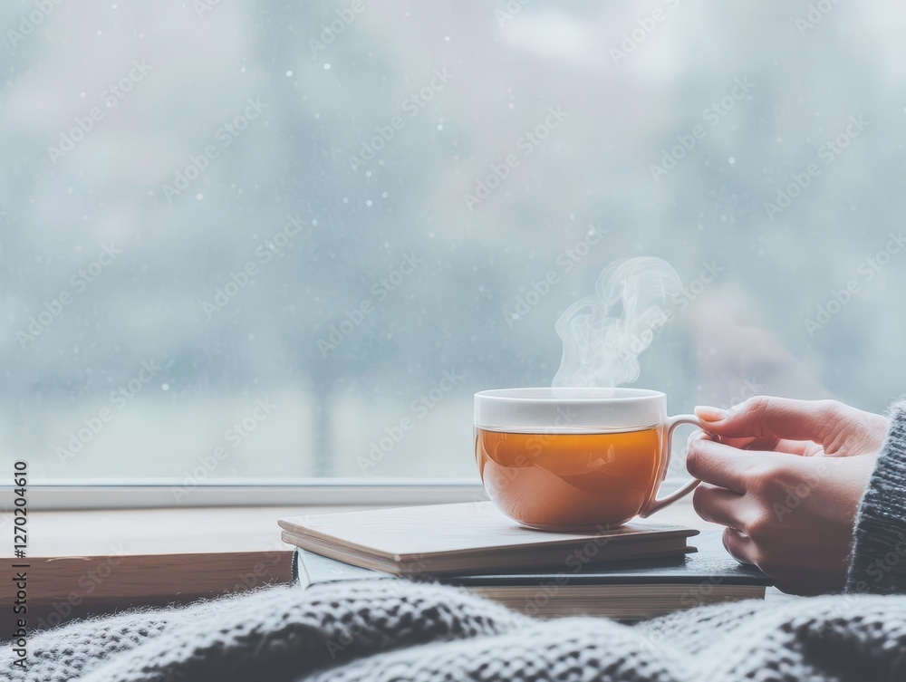 Aufkleber a cozy scene of a person enjoying a warm cup of tea while reading a book in a comfortable setting su